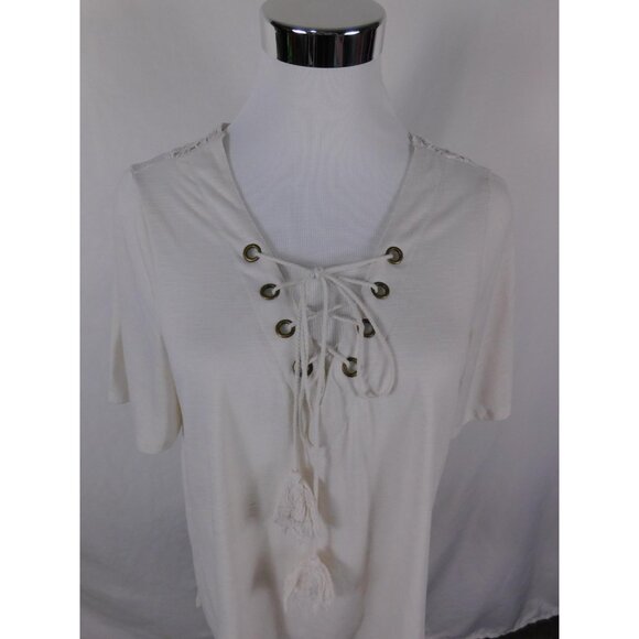 Lace Up Tassel Crochet Peasant Shirt Womens Large White Tunic Boho - Picture 2 of 11